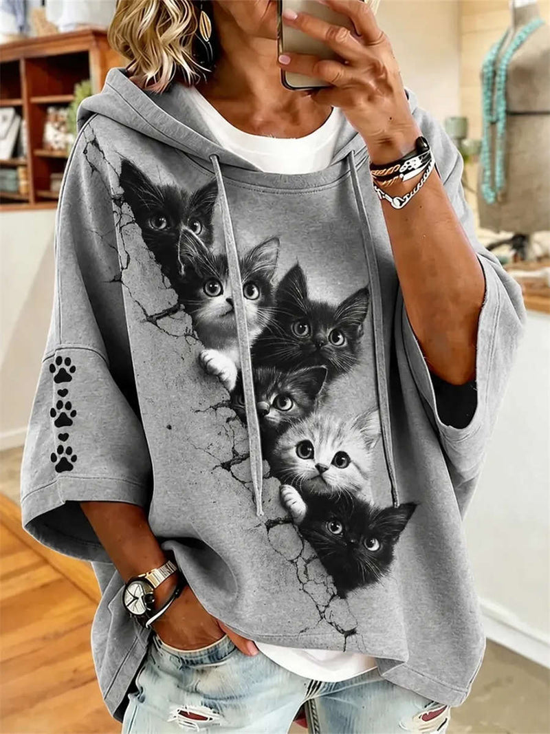 Women's Grey Crack Wall 3D Cats Print 3/4 Sleeve Hoodie