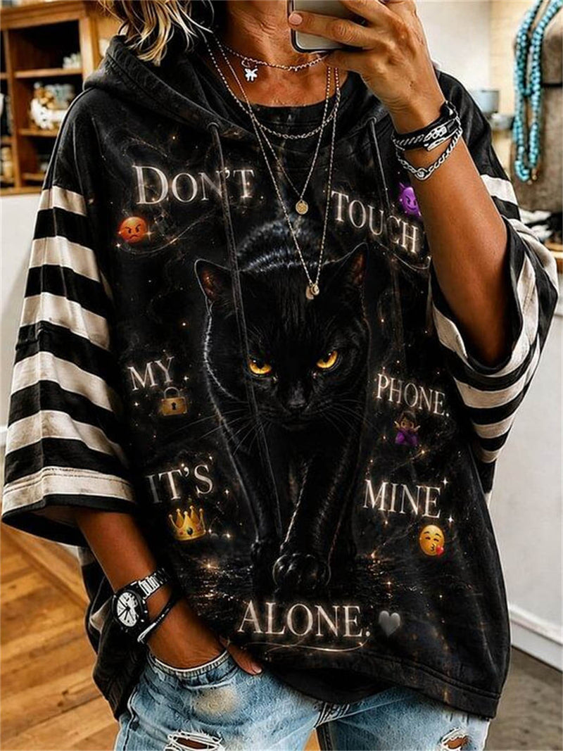 Women's Halloween Black Cat Letter Print Stripe Splicing 3/4 Sleeve Hoodie