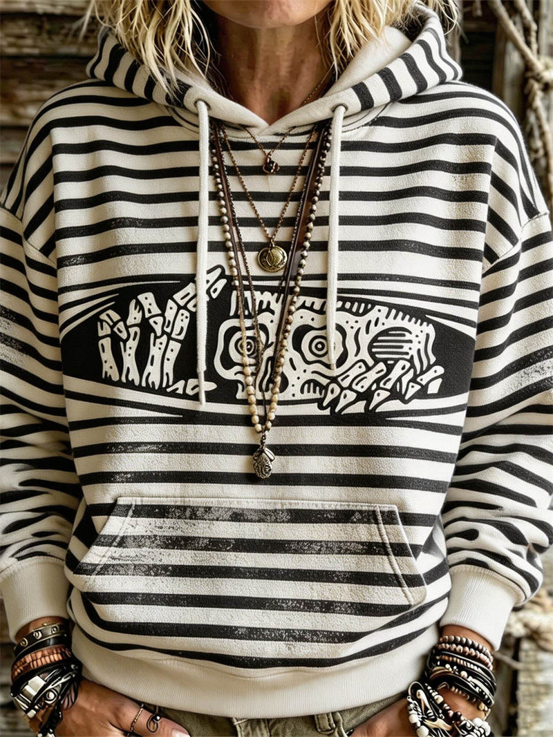Women's Halloween Black White Stripe Skeleton Print Long Sleeve Hoodie
