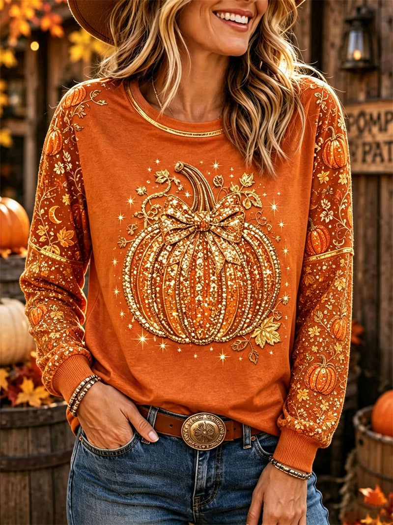 Women's Halloween Orange Bow Pumpkin Print Round Neck Long Sleeve Top