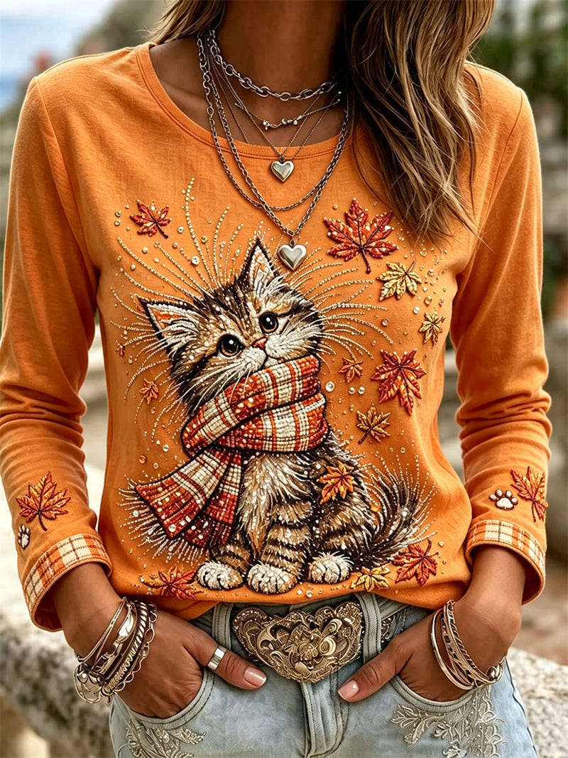 Women's Orange Scarf Cat Maple Leaf Print Round Neck Long Sleeve Top