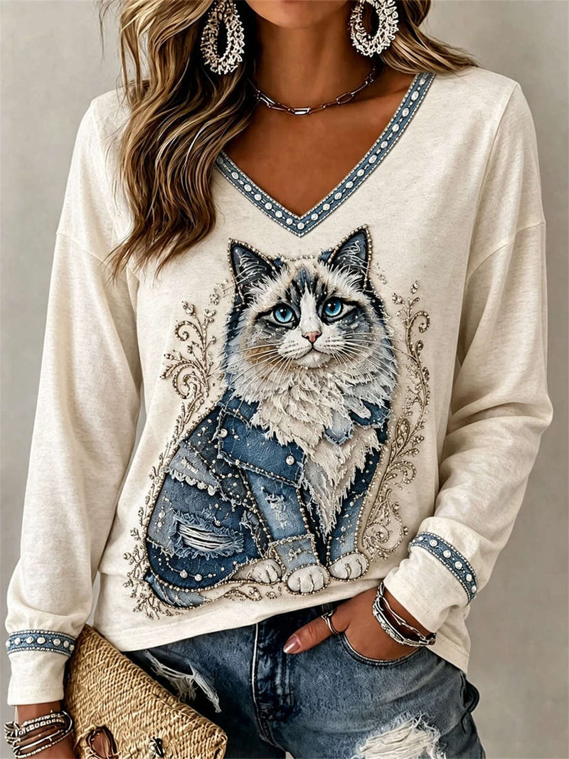 Women's Ivory Ragdoll Cat Print V Neck Long Sleeve Top