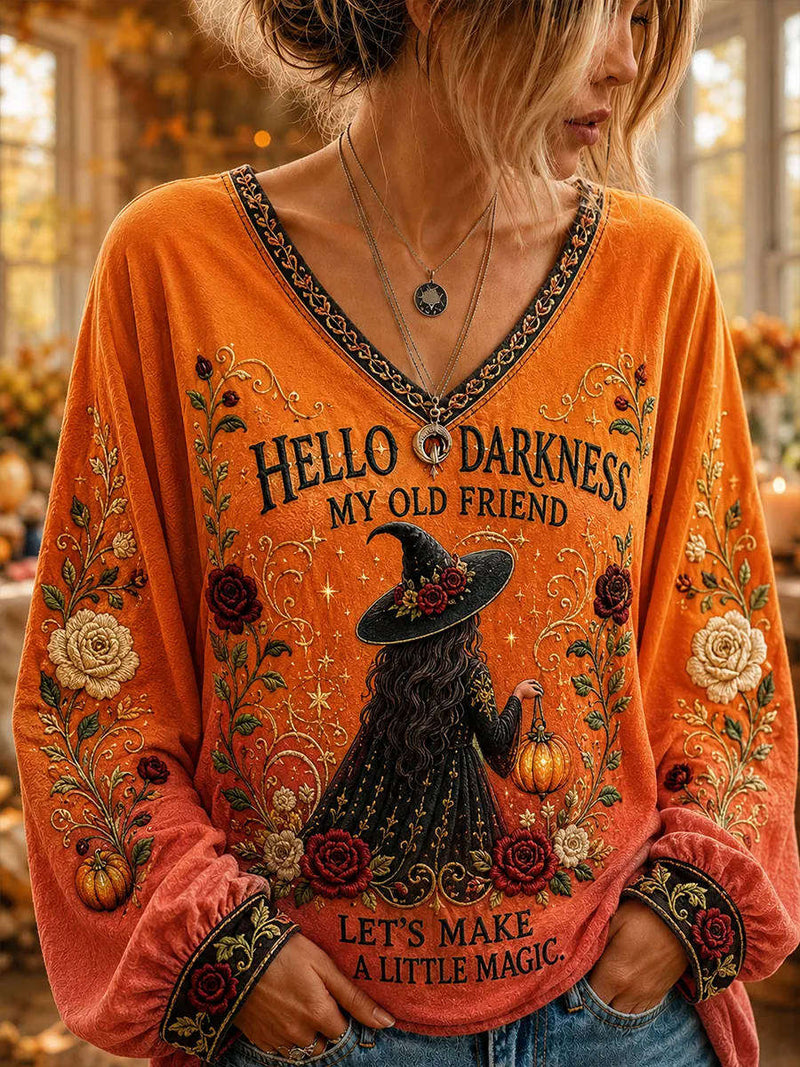 Women's Halloween Orange Witch Floral Letter Print V Neck Long Sleeve Top