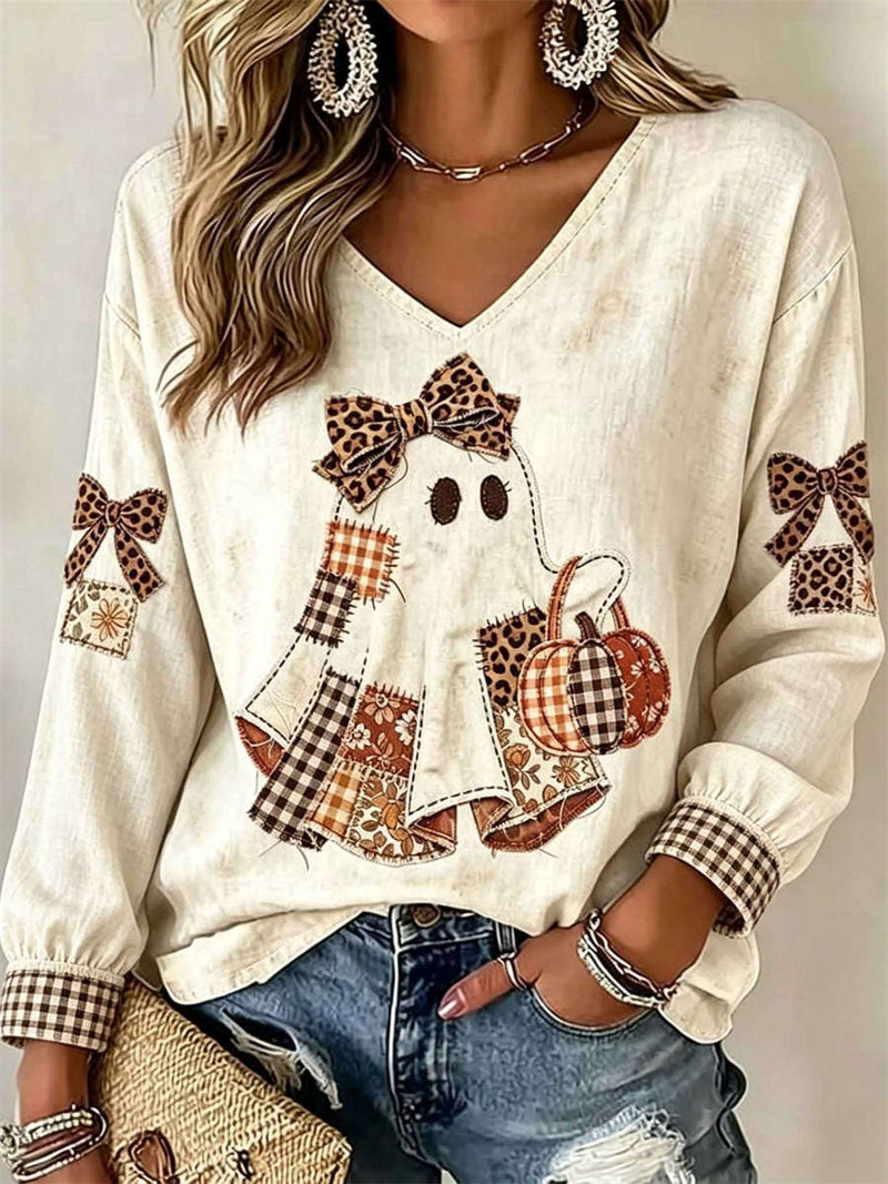 Women's Halloween Off White Ghost Leopard Bow Print V Neck Long Sleeve Top