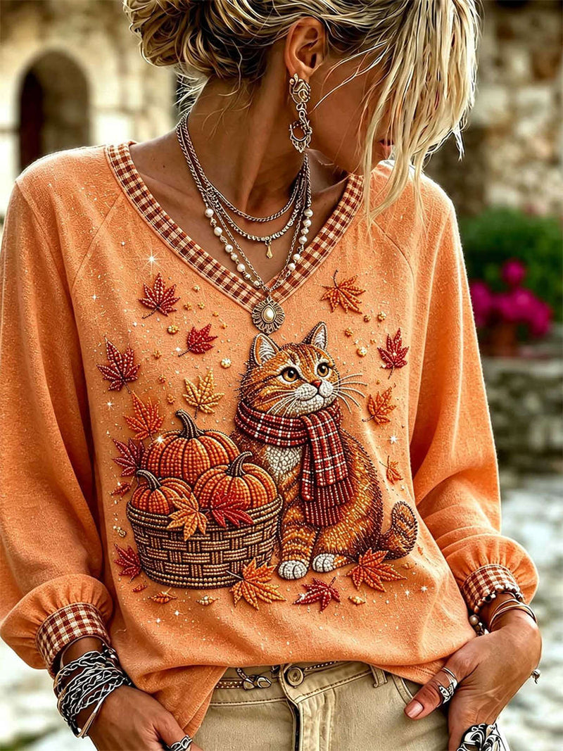 Women's Halloween Orange Cat Pumpkin Maple Leaf Print V Neck Long Sleeve Top