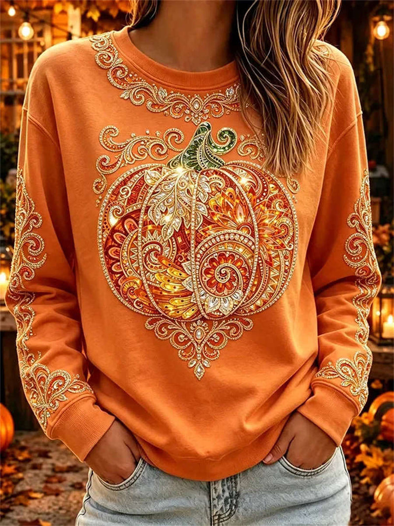 Women's Halloween Orange Ornate Pumpkin Print Round Neck Long Sleeve Top