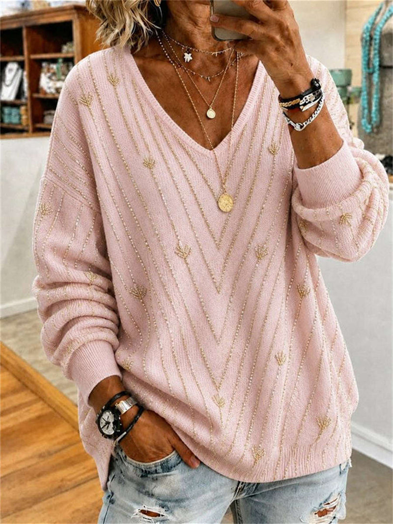 Women's Pink Geometric Line Print V Neck Long Sleeve Knit Top