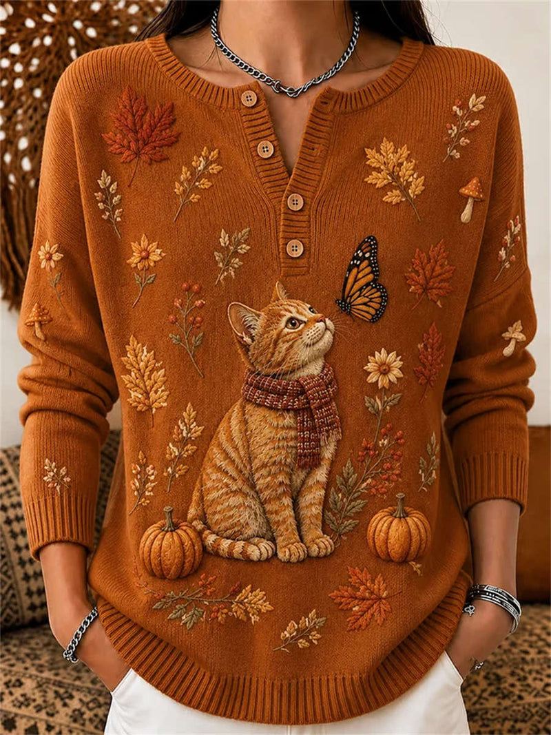 Women's Halloween Orange Cat Butterfly Pumpkin Leaf Print Round Neck Long Sleeve Top