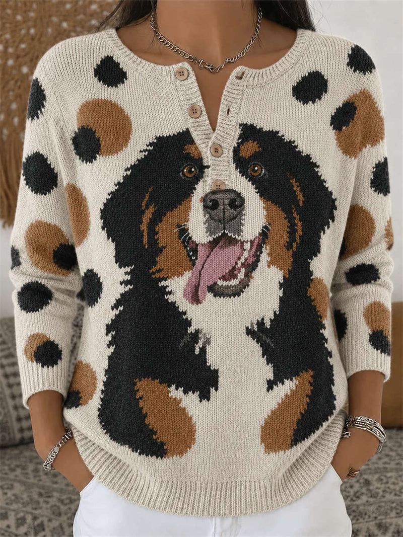 Women's Oatmeal Bernese Dog Polka Dot Print Round Neck Long Sleeve Top