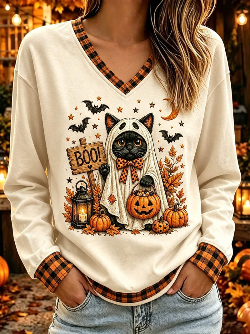 Women's Halloween Ivory Ghost Cat Pumpkin Plaid Splicing V Neck Long Sleeve Top