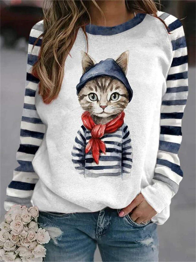Women's Blue Striped Sailor Cat Print Round Neck Raglan Long Sleeve Top