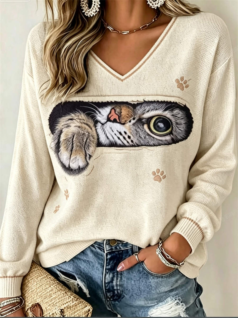 Women's Ivory Cat Paw Print V Neck Long Sleeve Top
