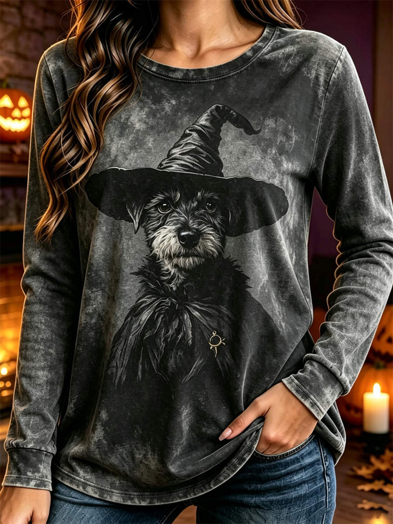 Women's Halloween Grey Witch Dog Print Round Neck Long Sleeve Top