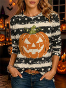 Women's Halloween Black White Stripe Dot Pumpkin Print Round Neck Long Sleeve Top