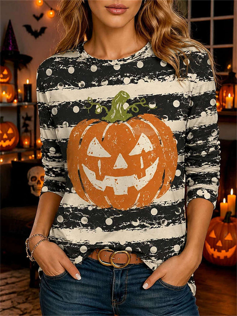 Women's Halloween Black White Stripe Dot Pumpkin Print Round Neck Long Sleeve Top