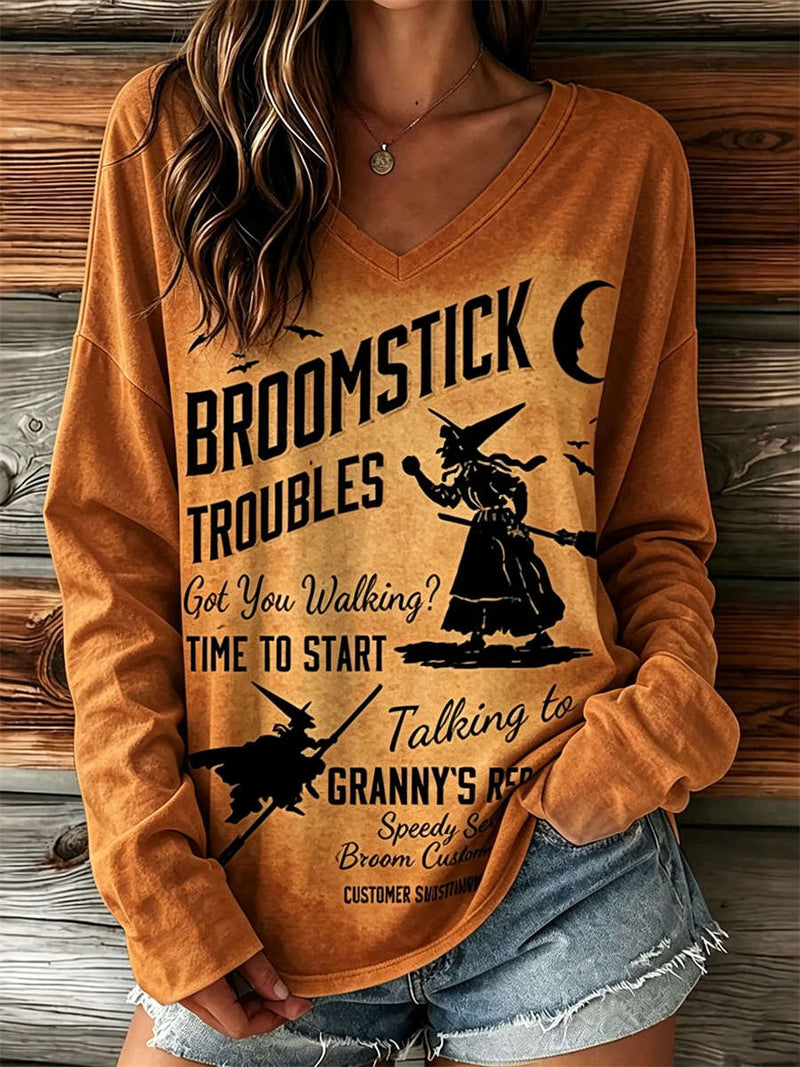 Women's Halloween Orange Witch Letter Print V Neck Long Sleeve Top