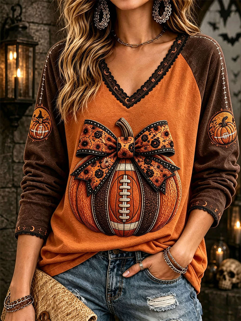 Women's Halloween Orange Brown Pumpkin Bow Print V Neck Long Sleeve Top
