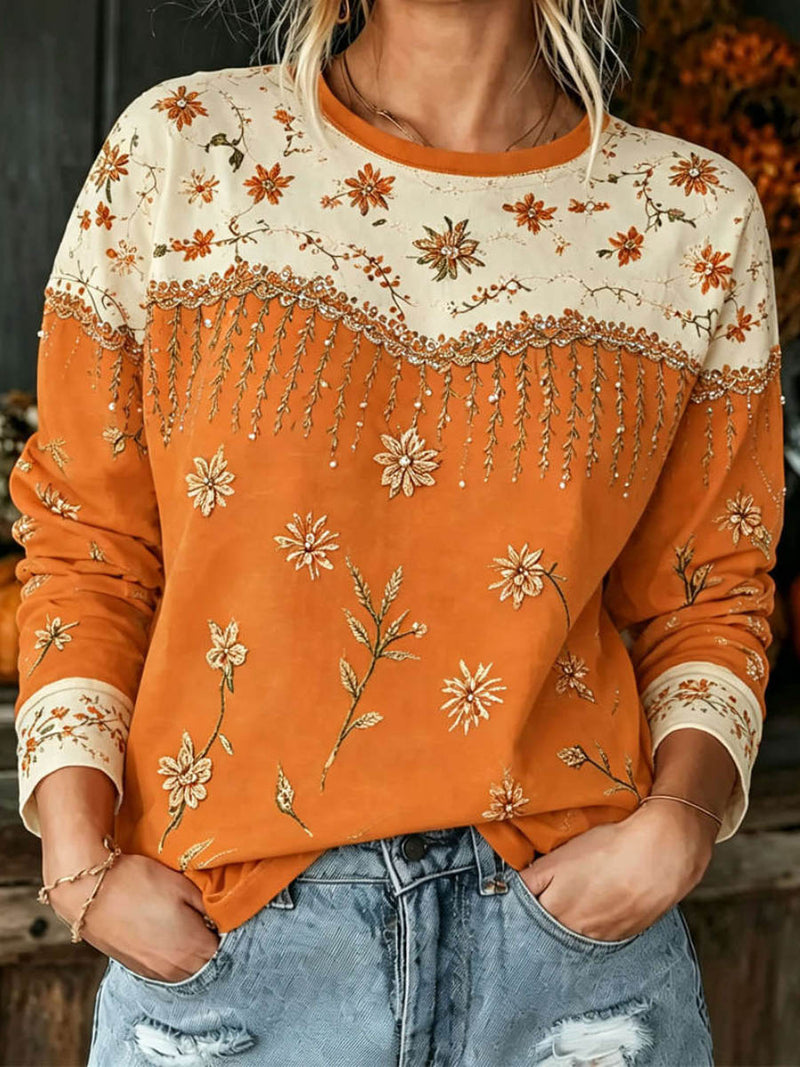 Women's Orange Cream Color Block Floral Print Round Neck Long Sleeve Top