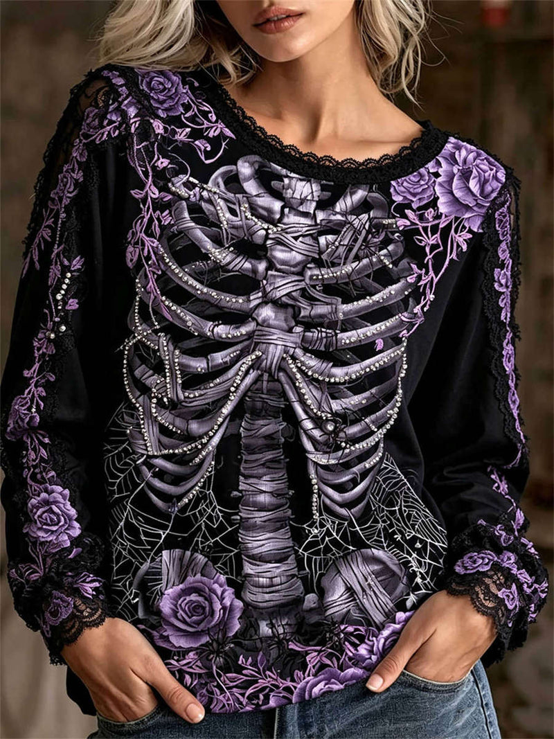 Women's Halloween Black Purple Skeleton Rose Floral Lace Print Round Neck Long Sleeve Top