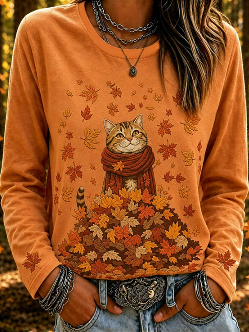 Women's Orange Cat Scarf Maple Leaf Print Round Neck Long Sleeve Top