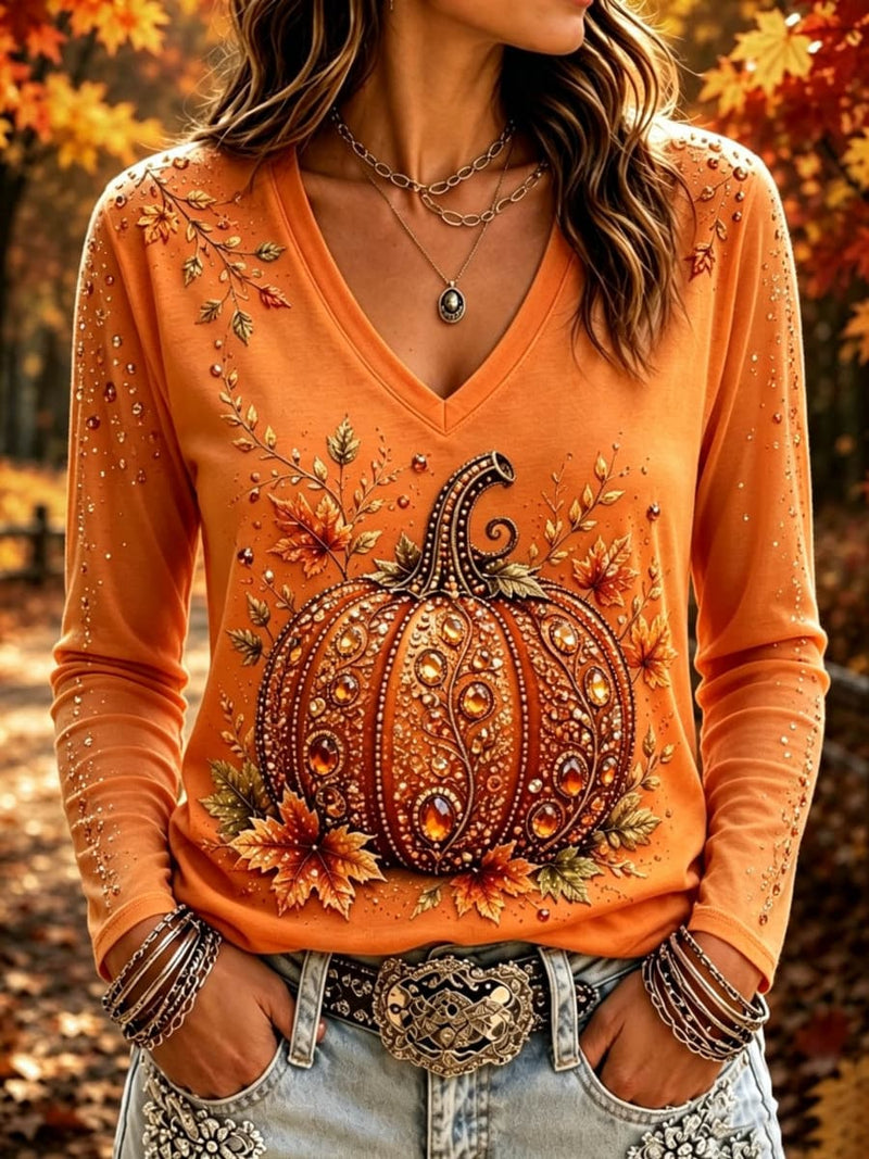 Women's Halloween Orange Pumpkin Maple Leaf Print V Neck Long Sleeve Top