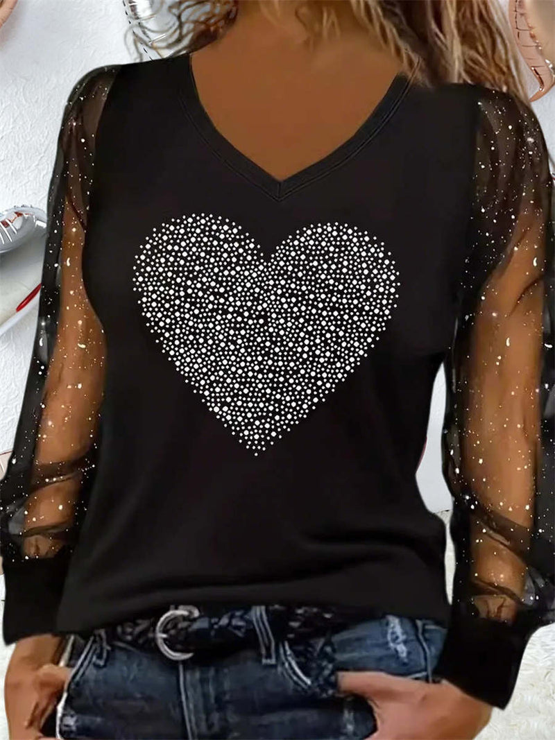 Women's Black Heart Print Mesh Splicing V Neck Long Sleeve Top