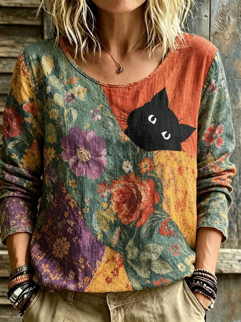 Women's Multi Black Cat Floral Patchwork Print Round Neck Long Sleeve Top