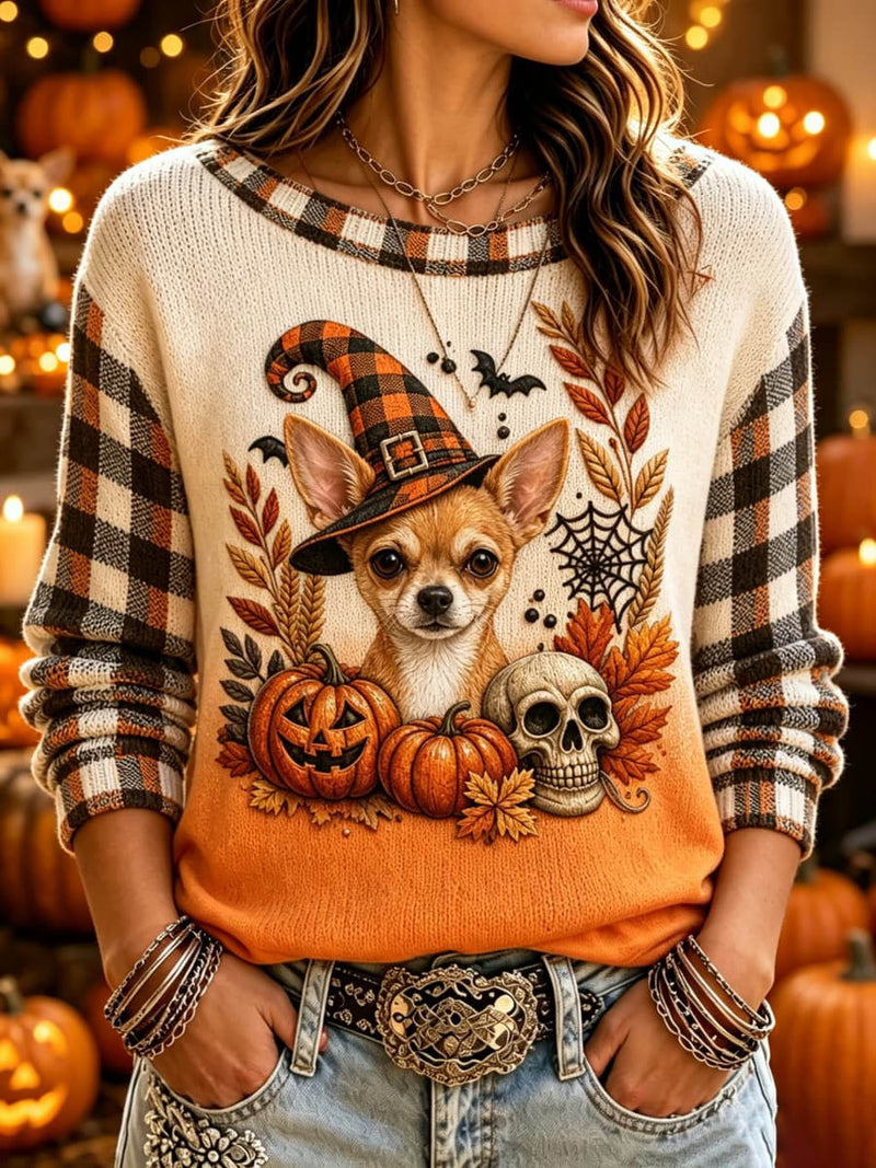 Women's Halloween Multi Chihuahua Witch Hat Pumpkin Skull Print Round Neck Long Sleeve Sweater