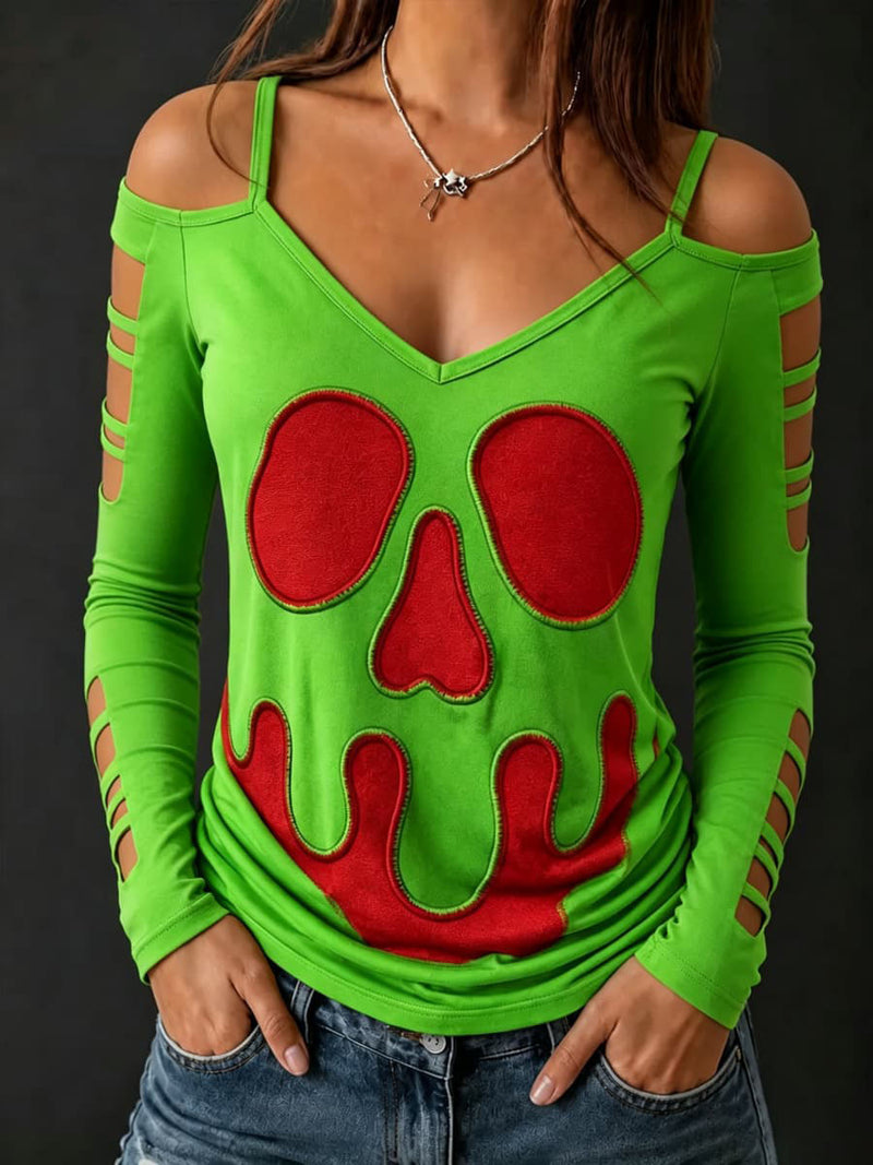 Women's Halloween Green Skull Cutout Cold Shoulder V Neck Long Sleeve Top