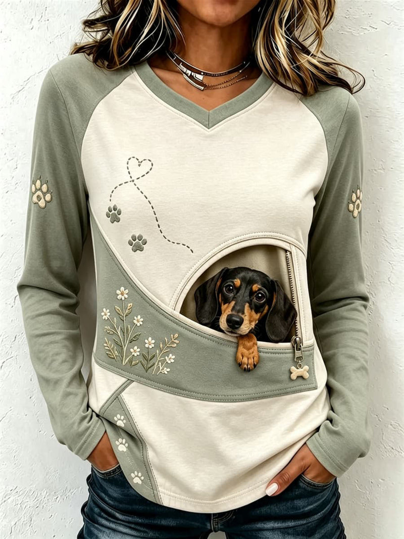 Women's Green Cream Dachshund Paw Floral Print V Neck Long Sleeve Top