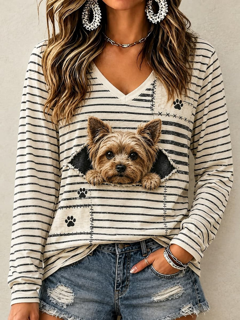 Women's Beige Black Stripe Yorkshire Terrier Dog Paw Print V Neck Long Sleeve Top
