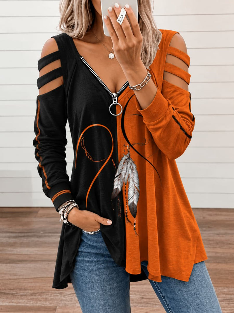 Women's Black Orange Color Block Feather Print Zip V Neck Cutout Cold Shoulder Long Sleeve Top