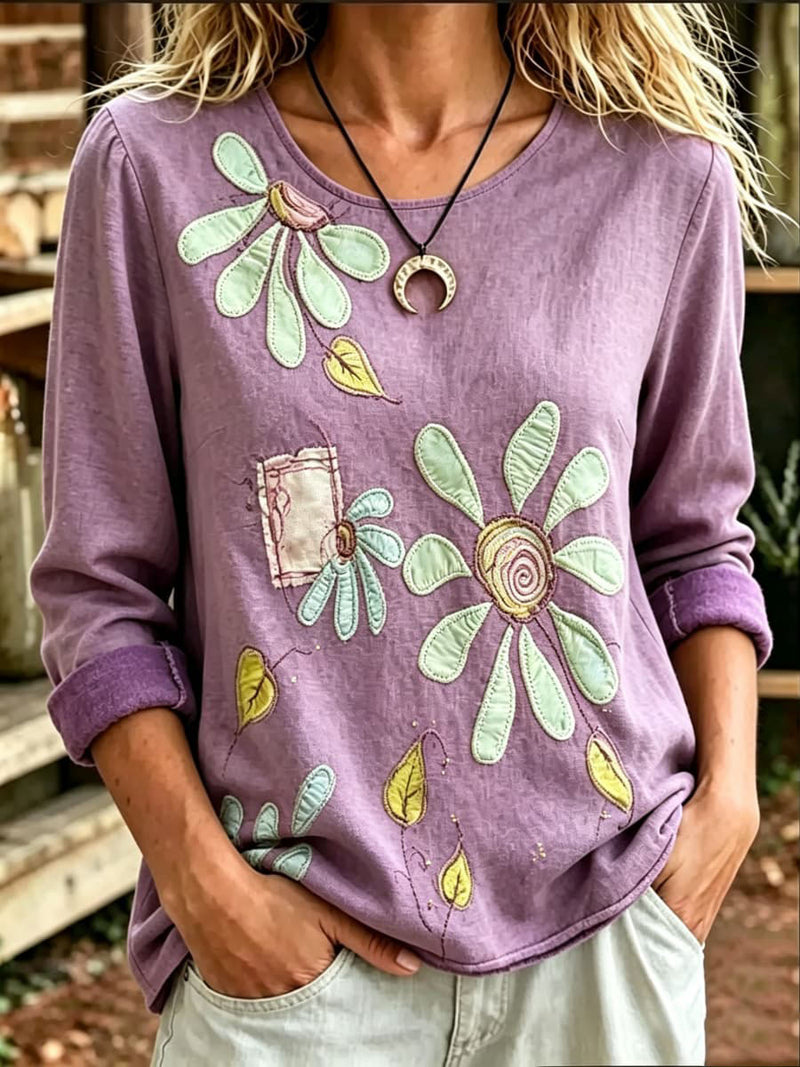 Women's Purple Floral Leaf Print Round Neck Long Sleeve Top