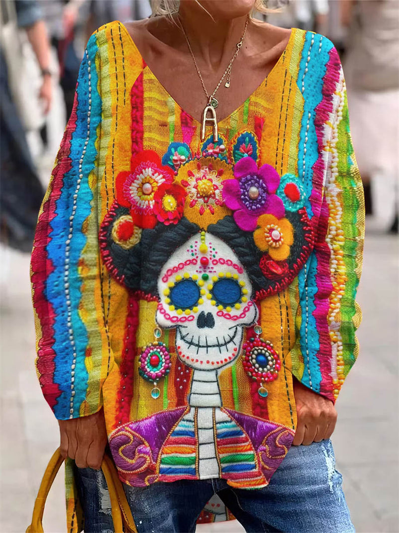 Women's Halloween Multi Color Sugar Skull Floral Stripe Print V Neck Long Sleeve Top