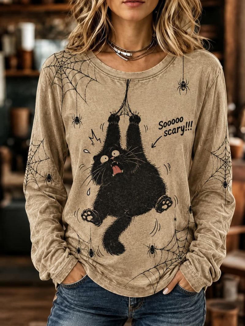 Women's Halloween Khaki Scared Black Cat Spider Web Print Round Neck Long Sleeve Top
