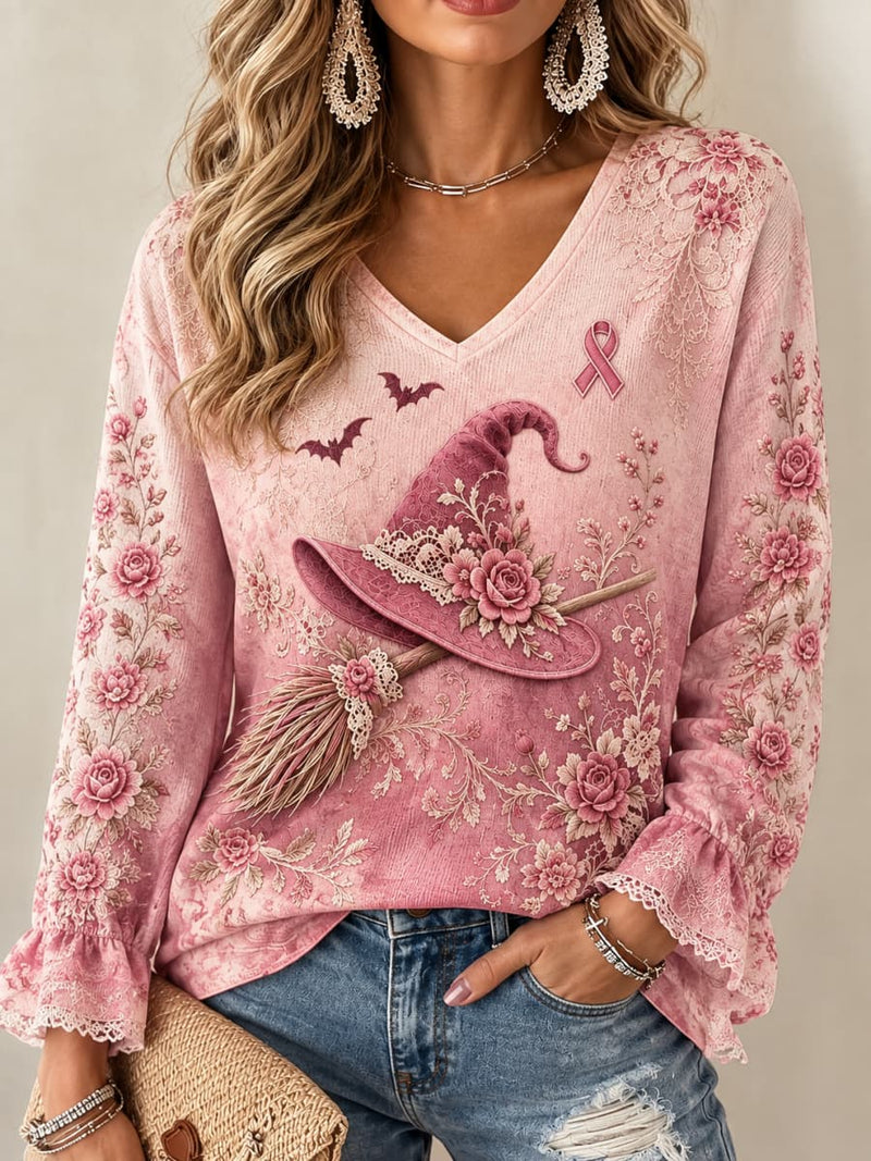 Women's Halloween Pink Witch Hat Floral Bat Lace Print V Neck Long Sleeve Top
