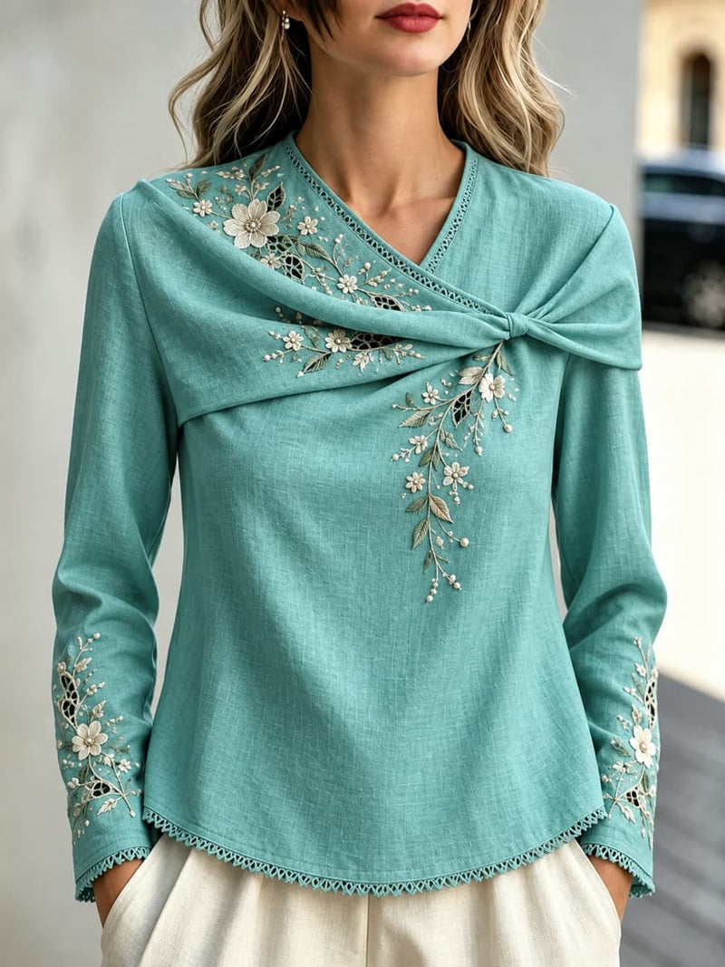 Women's Teal Floral Wrap V Neck Knot Long Sleeve Top