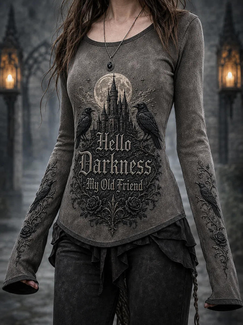 Women's Halloween Grey Castle Crow Moon Rose Letter Print Round Neck Long Sleeve Top