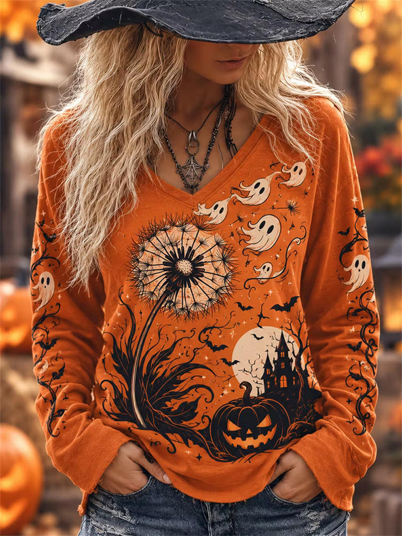 Women's Halloween Orange Dandelion Ghost Pumpkin Print V Neck Long Sleeve Top