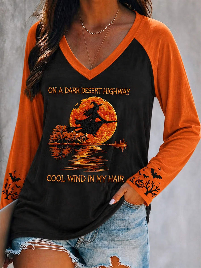 Women's Halloween Black Orange Witch Moon Letter Print V Neck Raglan Long Sleeve Top