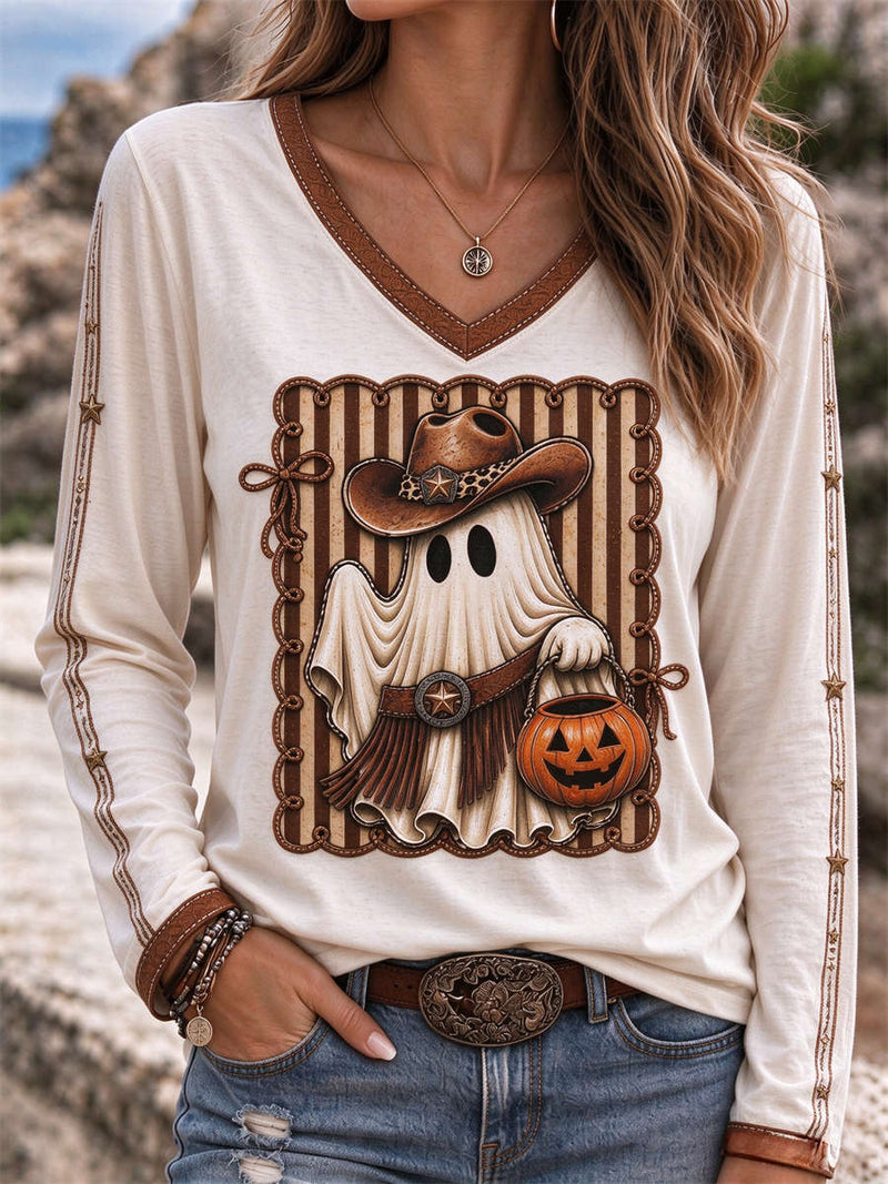Women's Halloween Cream Cowboy Ghost Pumpkin Print V Neck Long Sleeve Top