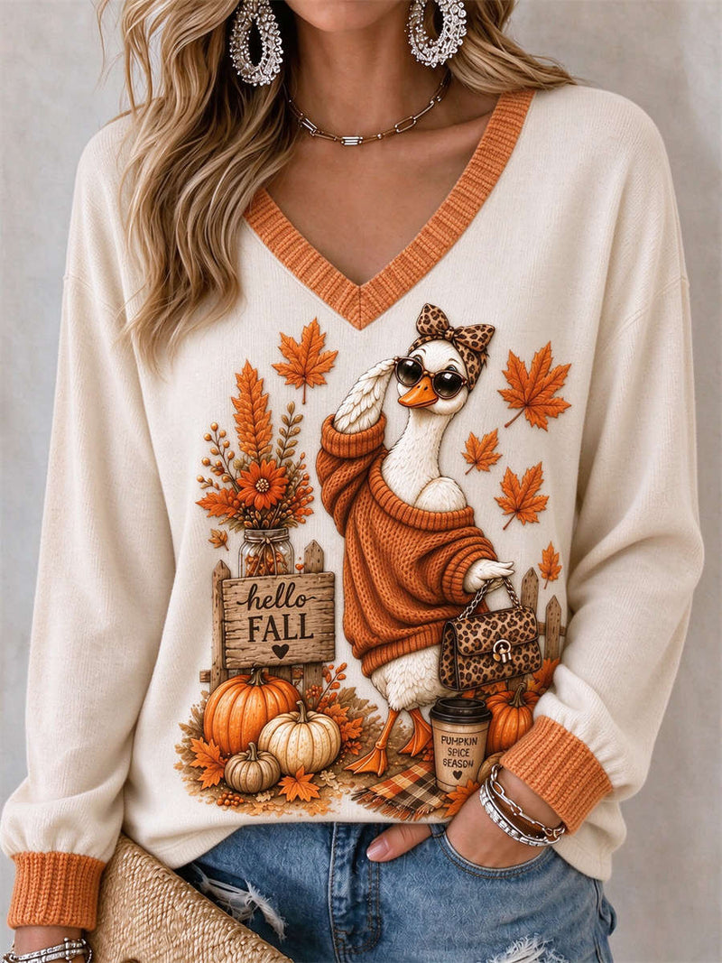 Women's Thanksgiving Cream Stylish Goose Maple Leaf Pumpkin Print V Neck Long Sleeve Top