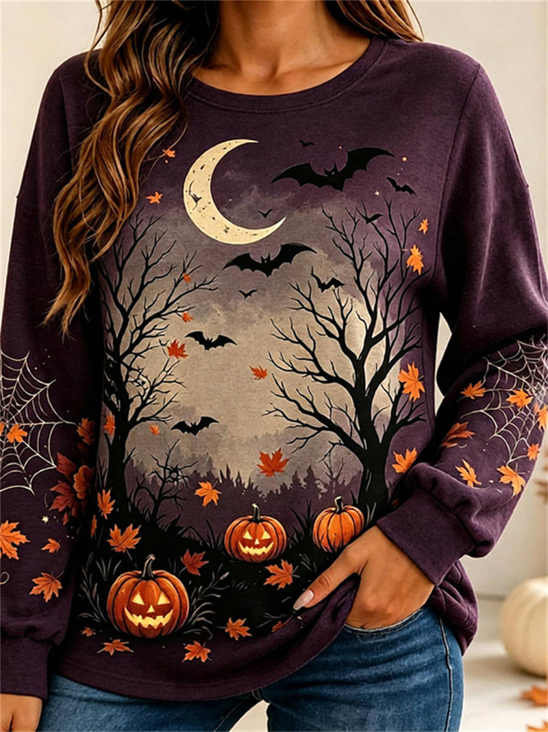 Women's Halloween Purple Moon Bat Pumpkin Print Round Neck Long Sleeve Top