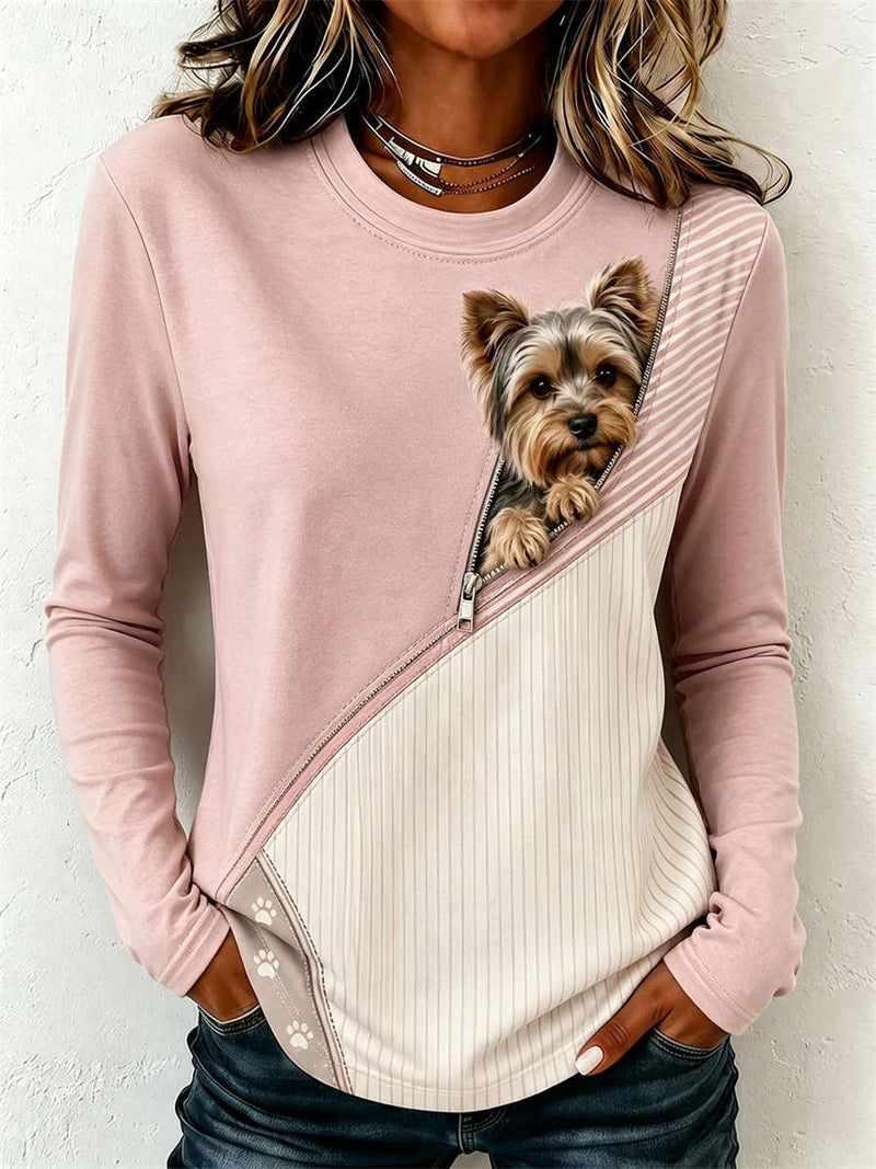 Women's Pink Color Block Zip Cute Dog Print Round Neck Long Sleeve Top