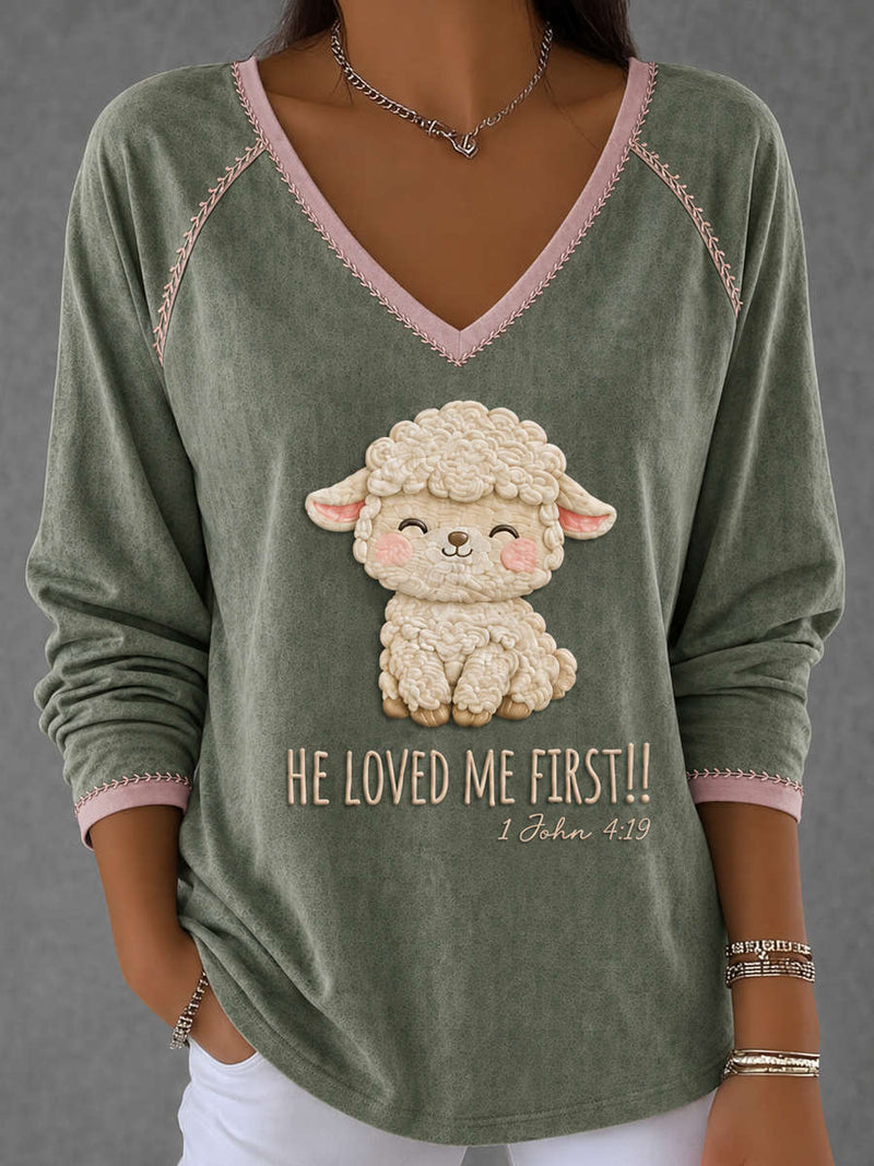Women's Sage Cute Lamb Letter Print Contrast Trim V Neck Long Sleeve Top