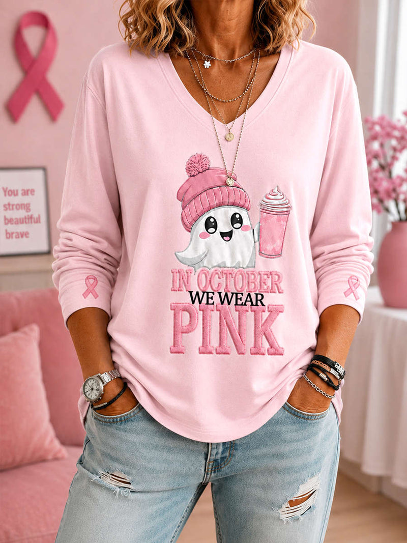 Women's Halloween Pink Ghost Coffee Letter Print V Neck Long Sleeve Top