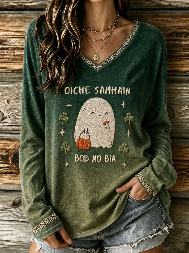 Women's Halloween Green Gradient Ghost Clover Letter Print V Neck Long Sleeve Top