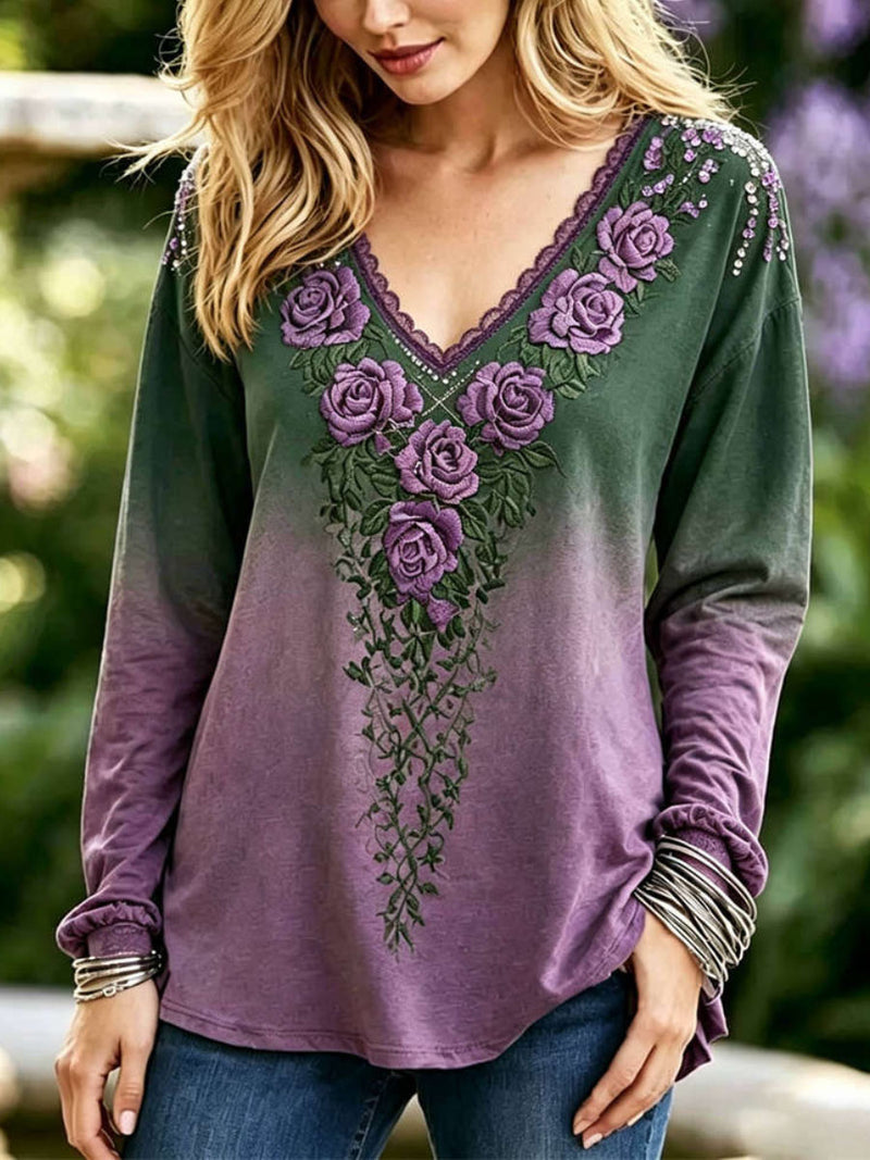 Women's Green Purple Gradient Rose Floral Print V Neck Long Sleeve Tee