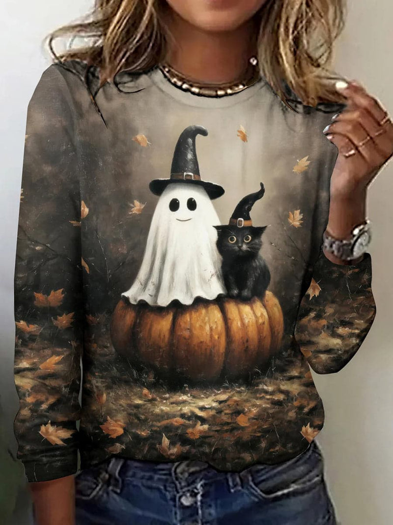 Women's Halloween Multicolor Ghost Black Cat Pumpkin Print Round Neck Long Sleeve Tee