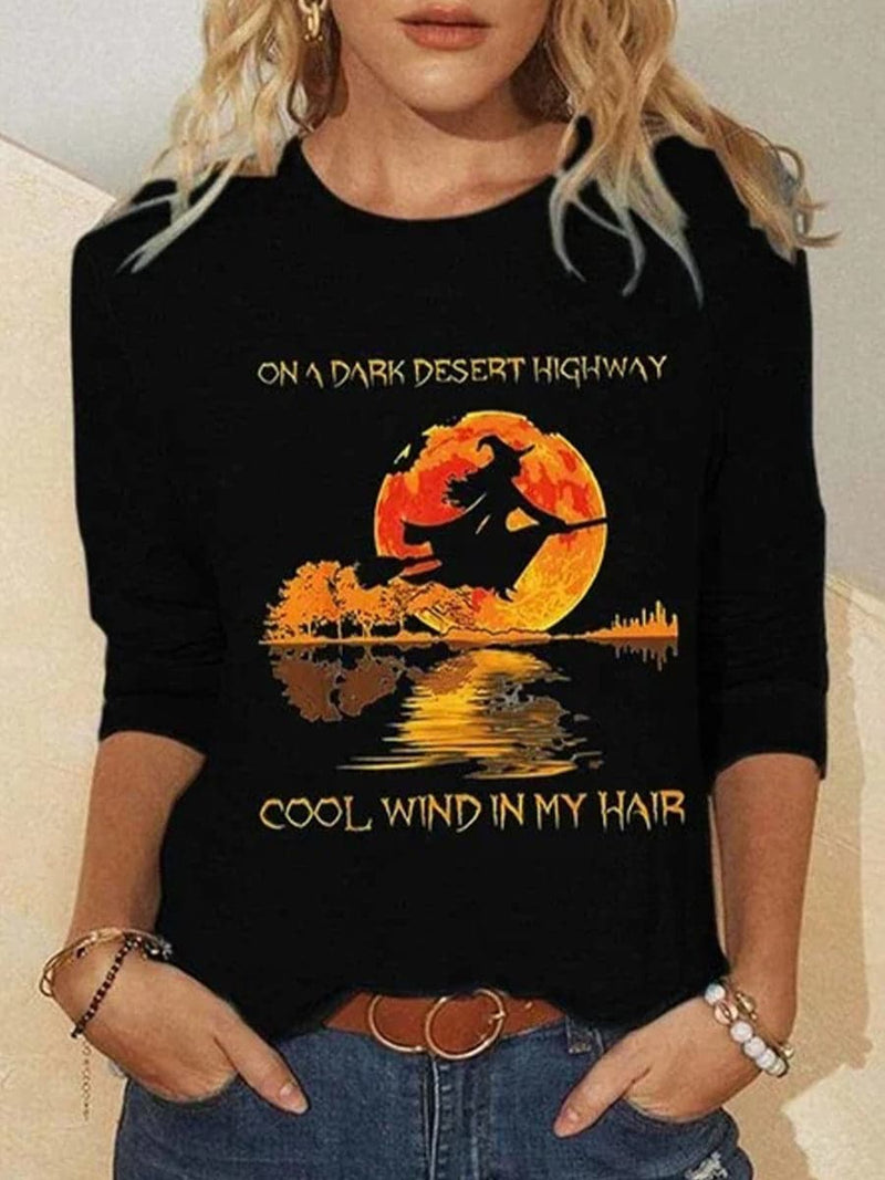 Women's Halloween Black Witch Moon Letter Print Round Neck Long Sleeve Tee